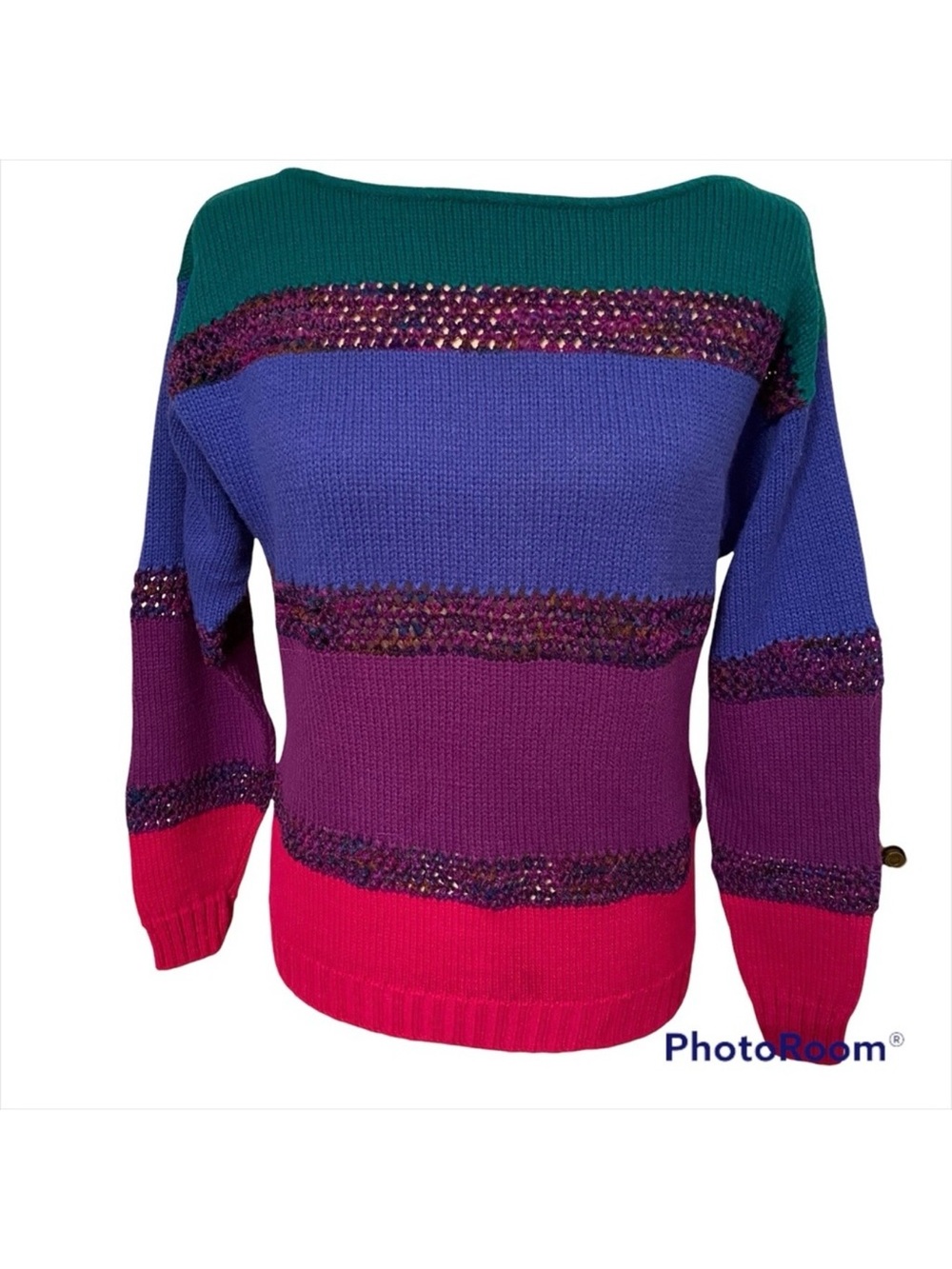 JOHN MEYER VINTAGE SWEATER BOAT NECK BLUE PURPLE PINK GREEN FITS S Tag Petite